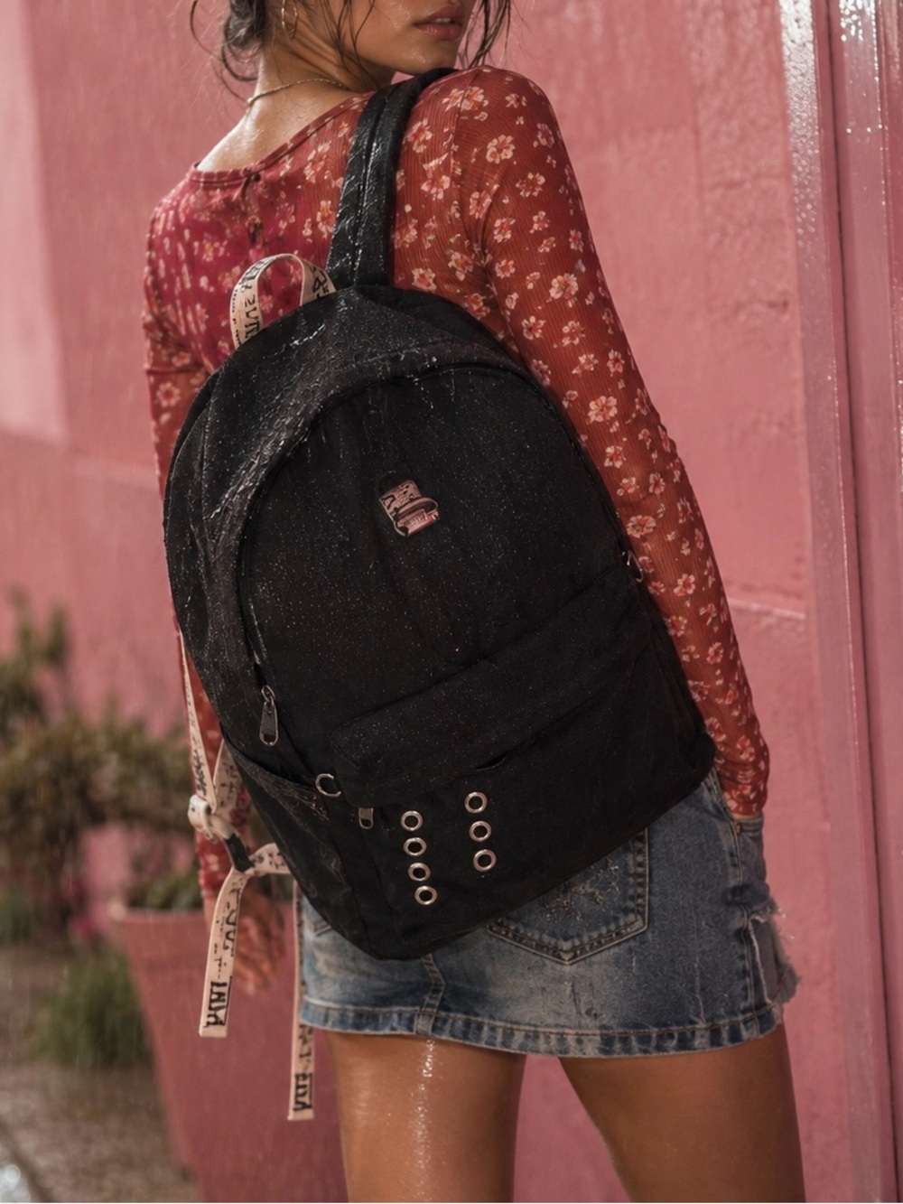 Classic Diamond Streetwear Aesthetic Backpack – Black Nylon Bookbag with Grommet